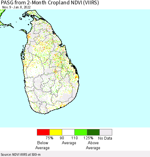 Sri Lanka PASG from 2-Month Cropland NDVI (VIIRS) Thematic Map For 1/1/2022 - 1/8/2022
