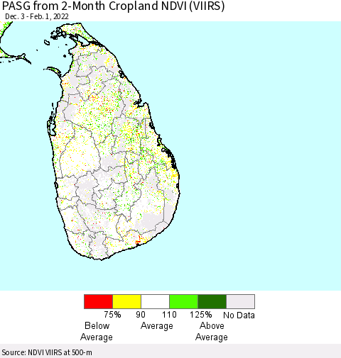 Sri Lanka PASG from 2-Month Cropland NDVI (VIIRS) Thematic Map For 1/25/2022 - 2/1/2022