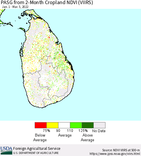 Sri Lanka PASG from 2-Month Cropland NDVI (VIIRS) Thematic Map For 3/1/2022 - 3/10/2022