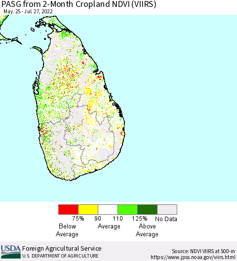 Sri Lanka PASG from 2-Month Cropland NDVI (VIIRS) Thematic Map For 7/21/2022 - 7/31/2022