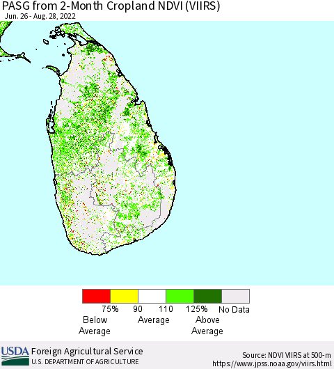 Sri Lanka PASG from 2-Month Cropland NDVI (VIIRS) Thematic Map For 8/21/2022 - 8/31/2022