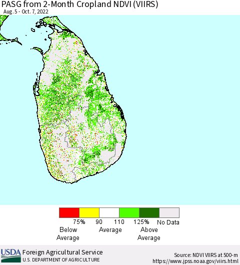 Sri Lanka PASG from 2-Month Cropland NDVI (VIIRS) Thematic Map For 10/1/2022 - 10/10/2022