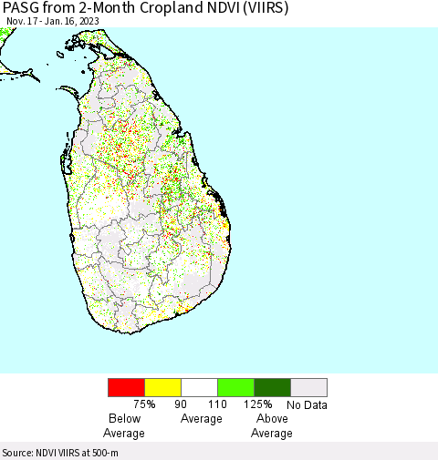 Sri Lanka PASG from 2-Month Cropland NDVI (VIIRS) Thematic Map For 1/9/2023 - 1/16/2023