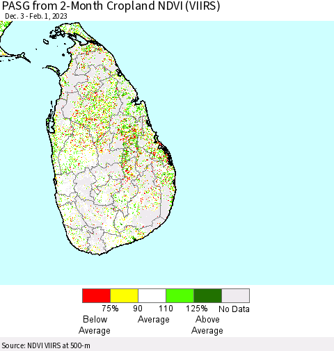 Sri Lanka PASG from 2-Month Cropland NDVI (VIIRS) Thematic Map For 1/25/2023 - 2/1/2023
