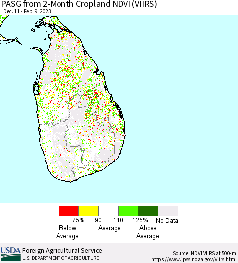 Sri Lanka PASG from 2-Month Cropland NDVI (VIIRS) Thematic Map For 2/1/2023 - 2/10/2023