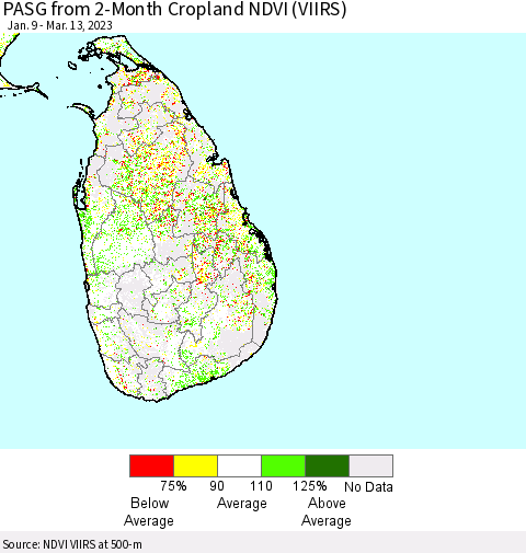 Sri Lanka PASG from 2-Month Cropland NDVI (VIIRS) Thematic Map For 3/6/2023 - 3/13/2023