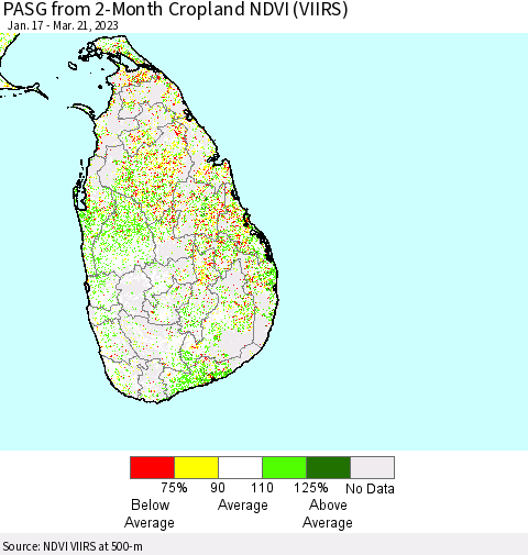 Sri Lanka PASG from 2-Month Cropland NDVI (VIIRS) Thematic Map For 3/14/2023 - 3/21/2023