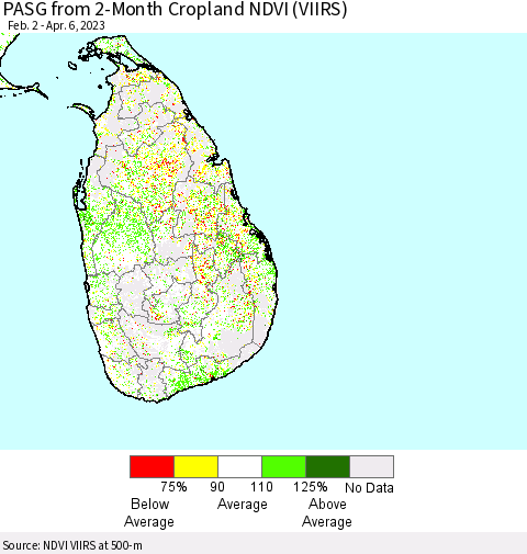 Sri Lanka PASG from 2-Month Cropland NDVI (VIIRS) Thematic Map For 3/30/2023 - 4/6/2023