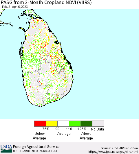 Sri Lanka PASG from 2-Month Cropland NDVI (VIIRS) Thematic Map For 4/1/2023 - 4/10/2023