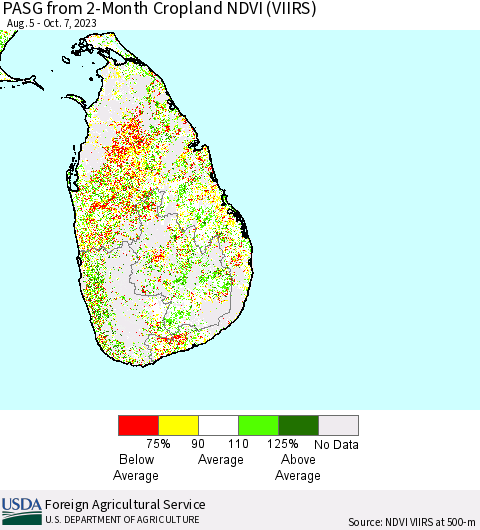 Sri Lanka PASG from 2-Month Cropland NDVI (VIIRS) Thematic Map For 10/1/2023 - 10/10/2023