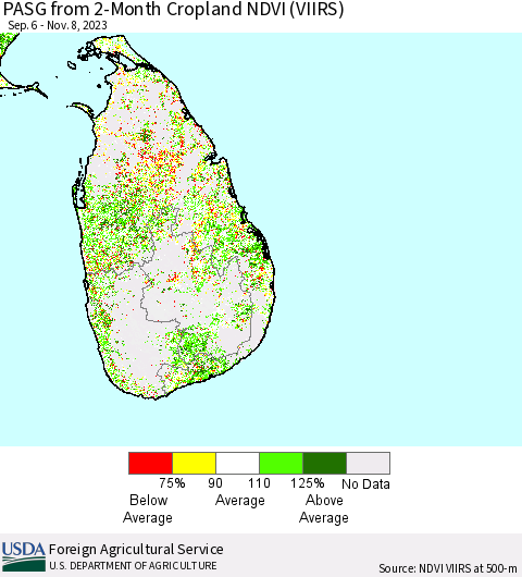Sri Lanka PASG from 2-Month Cropland NDVI (VIIRS) Thematic Map For 11/1/2023 - 11/10/2023