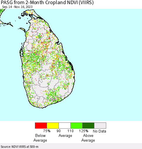 Sri Lanka PASG from 2-Month Cropland NDVI (VIIRS) Thematic Map For 11/9/2023 - 11/16/2023