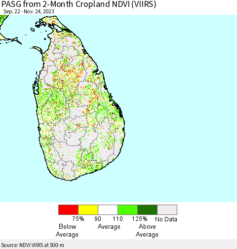 Sri Lanka PASG from 2-Month Cropland NDVI (VIIRS) Thematic Map For 11/17/2023 - 11/24/2023
