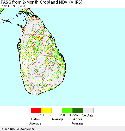 Sri Lanka PASG from 2-Month Cropland NDVI (VIIRS) Thematic Map For 12/27/2023 - 1/3/2024