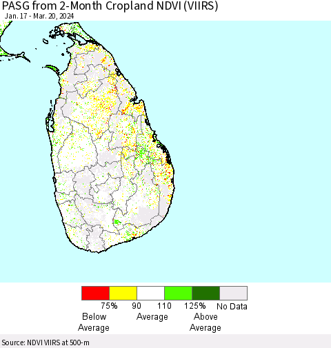 Sri Lanka PASG from 2-Month Cropland NDVI (VIIRS) Thematic Map For 3/13/2024 - 3/20/2024
