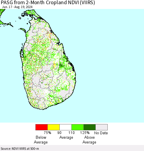 Sri Lanka PASG from 2-Month Cropland NDVI (VIIRS) Thematic Map For 8/12/2024 - 8/19/2024