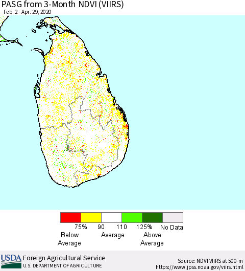 Sri Lanka PASG from 3-Month NDVI (VIIRS) Thematic Map For 4/21/2020 - 4/30/2020