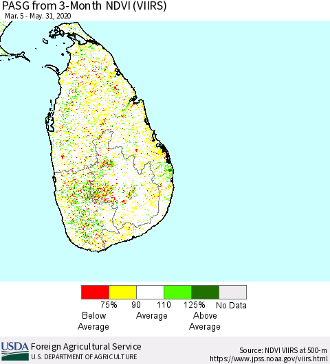Sri Lanka PASG from 3-Month NDVI (VIIRS) Thematic Map For 5/21/2020 - 5/31/2020