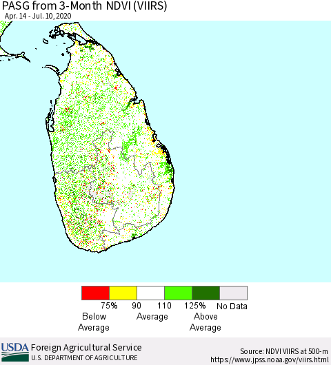 Sri Lanka PASG from 3-Month NDVI (VIIRS) Thematic Map For 7/1/2020 - 7/10/2020