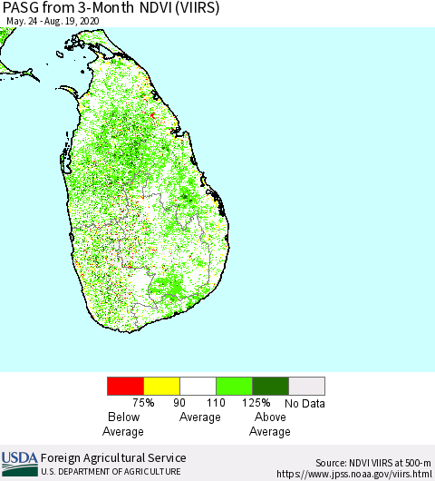 Sri Lanka PASG from 3-Month NDVI (VIIRS) Thematic Map For 8/11/2020 - 8/20/2020