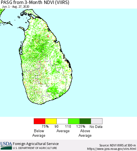 Sri Lanka PASG from 3-Month NDVI (VIIRS) Thematic Map For 8/21/2020 - 8/31/2020