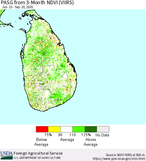 Sri Lanka PASG from 3-Month NDVI (VIIRS) Thematic Map For 9/11/2020 - 9/20/2020