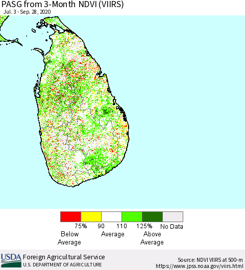 Sri Lanka PASG from 3-Month NDVI (VIIRS) Thematic Map For 9/21/2020 - 9/30/2020