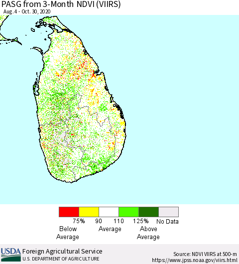 Sri Lanka PASG from 3-Month NDVI (VIIRS) Thematic Map For 10/21/2020 - 10/31/2020