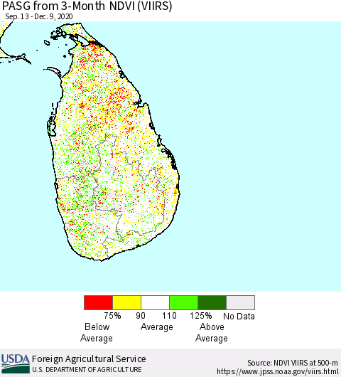 Sri Lanka PASG from 3-Month NDVI (VIIRS) Thematic Map For 12/1/2020 - 12/10/2020