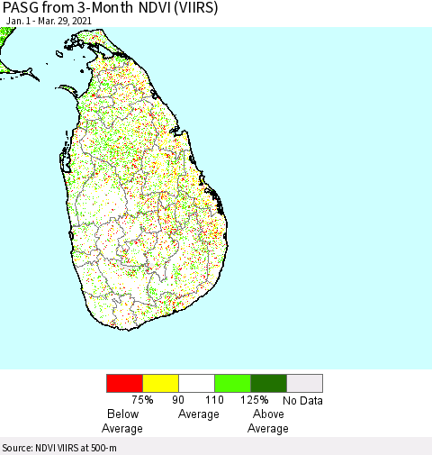 Sri Lanka PASG from 3-Month NDVI (VIIRS) Thematic Map For 3/22/2021 - 3/29/2021