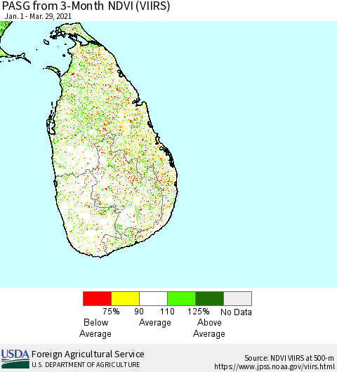Sri Lanka PASG from 3-Month NDVI (VIIRS) Thematic Map For 3/21/2021 - 3/31/2021