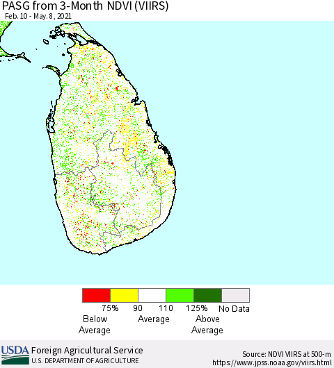 Sri Lanka PASG from 3-Month NDVI (VIIRS) Thematic Map For 5/1/2021 - 5/10/2021