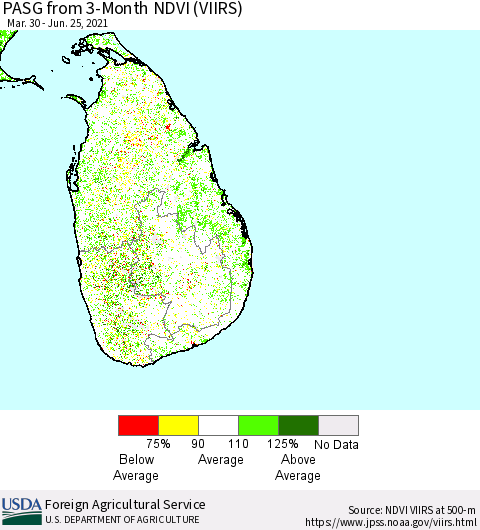 Sri Lanka PASG from 3-Month NDVI (VIIRS) Thematic Map For 6/21/2021 - 6/30/2021