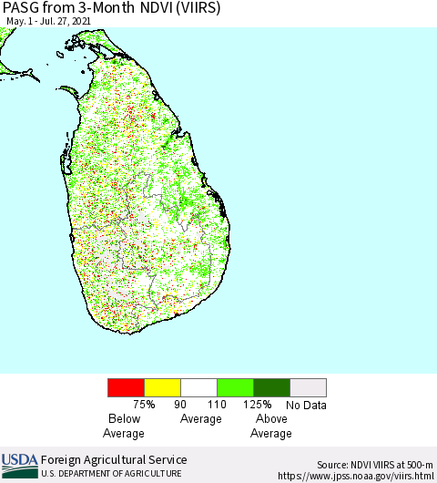 Sri Lanka PASG from 3-Month NDVI (VIIRS) Thematic Map For 7/21/2021 - 7/31/2021