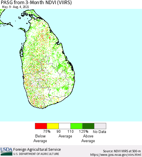 Sri Lanka PASG from 3-Month NDVI (VIIRS) Thematic Map For 8/1/2021 - 8/10/2021