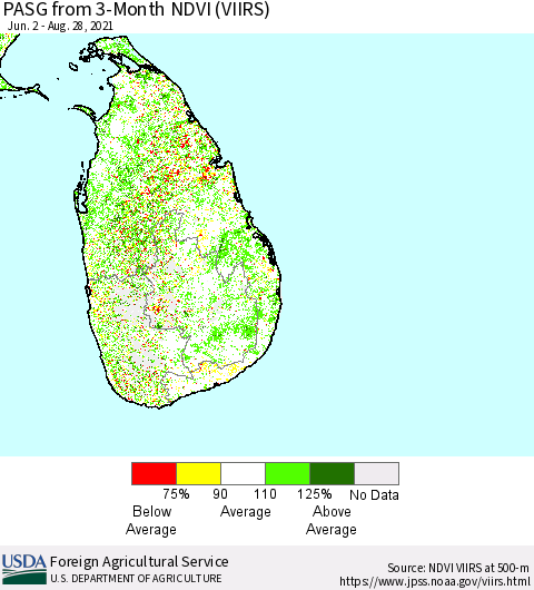 Sri Lanka PASG from 3-Month NDVI (VIIRS) Thematic Map For 8/21/2021 - 8/31/2021