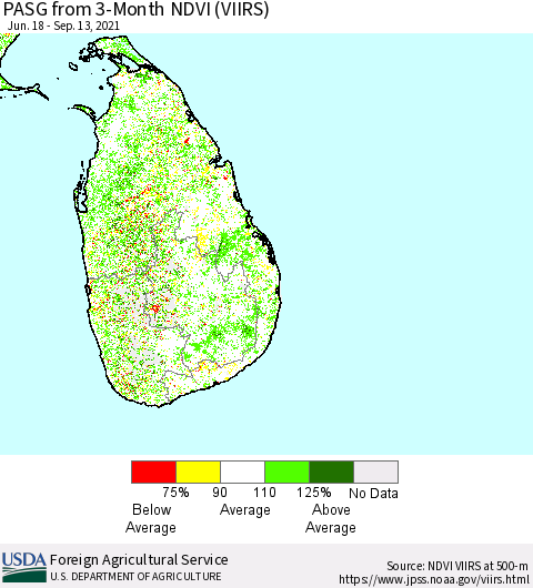Sri Lanka PASG from 3-Month NDVI (VIIRS) Thematic Map For 9/11/2021 - 9/20/2021