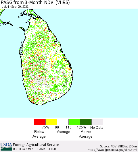 Sri Lanka PASG from 3-Month NDVI (VIIRS) Thematic Map For 9/21/2021 - 9/30/2021