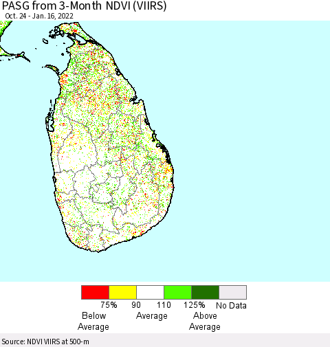 Sri Lanka PASG from 3-Month NDVI (VIIRS) Thematic Map For 1/9/2022 - 1/16/2022