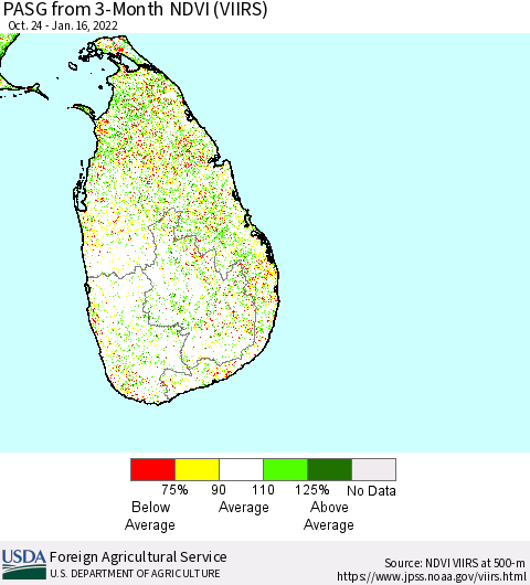 Sri Lanka PASG from 3-Month NDVI (VIIRS) Thematic Map For 1/11/2022 - 1/20/2022