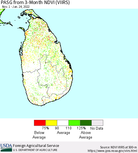 Sri Lanka PASG from 3-Month NDVI (VIIRS) Thematic Map For 1/21/2022 - 1/31/2022