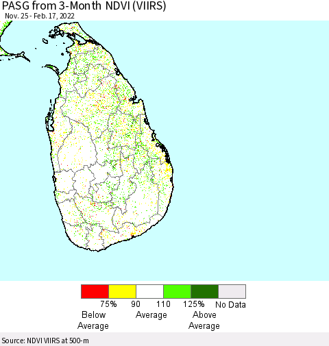 Sri Lanka PASG from 3-Month NDVI (VIIRS) Thematic Map For 2/10/2022 - 2/17/2022