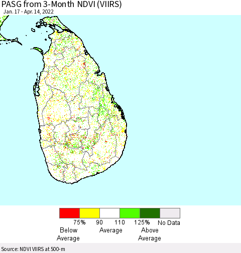 Sri Lanka PASG from 3-Month NDVI (VIIRS) Thematic Map For 4/7/2022 - 4/14/2022