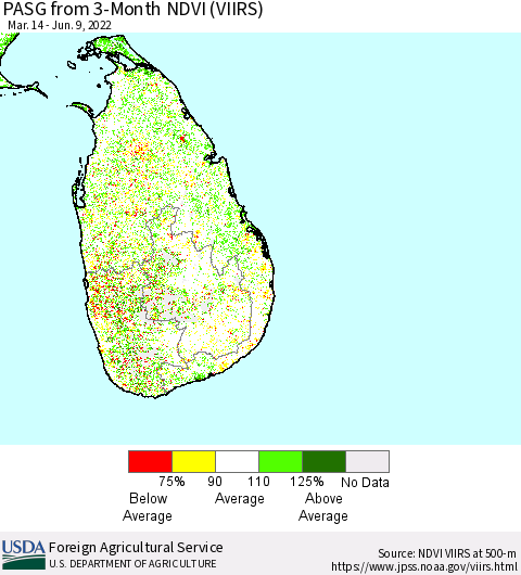 Sri Lanka PASG from 3-Month NDVI (VIIRS) Thematic Map For 6/1/2022 - 6/10/2022
