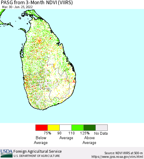 Sri Lanka PASG from 3-Month NDVI (VIIRS) Thematic Map For 6/21/2022 - 6/30/2022