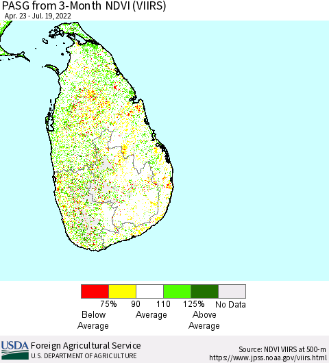 Sri Lanka PASG from 3-Month NDVI (VIIRS) Thematic Map For 7/11/2022 - 7/20/2022