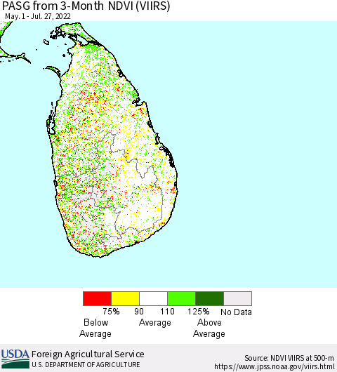 Sri Lanka PASG from 3-Month NDVI (VIIRS) Thematic Map For 7/21/2022 - 7/31/2022