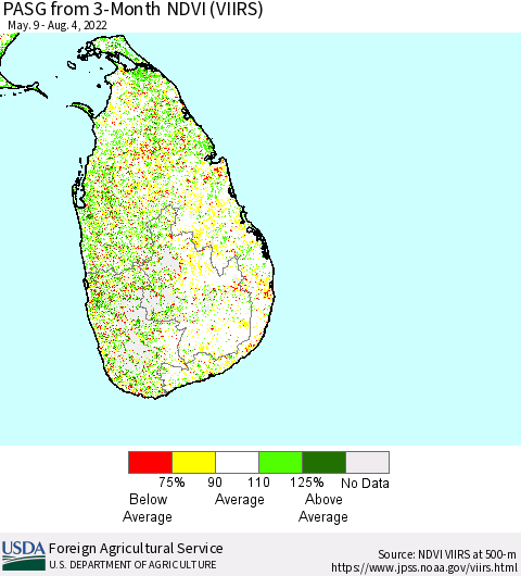 Sri Lanka PASG from 3-Month NDVI (VIIRS) Thematic Map For 8/1/2022 - 8/10/2022