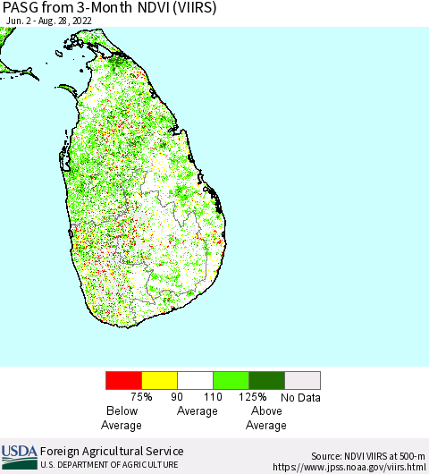 Sri Lanka PASG from 3-Month NDVI (VIIRS) Thematic Map For 8/21/2022 - 8/31/2022