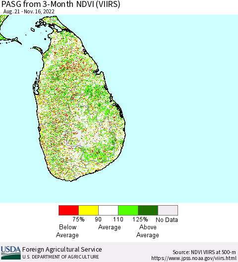 Sri Lanka PASG from 3-Month NDVI (VIIRS) Thematic Map For 11/11/2022 - 11/20/2022